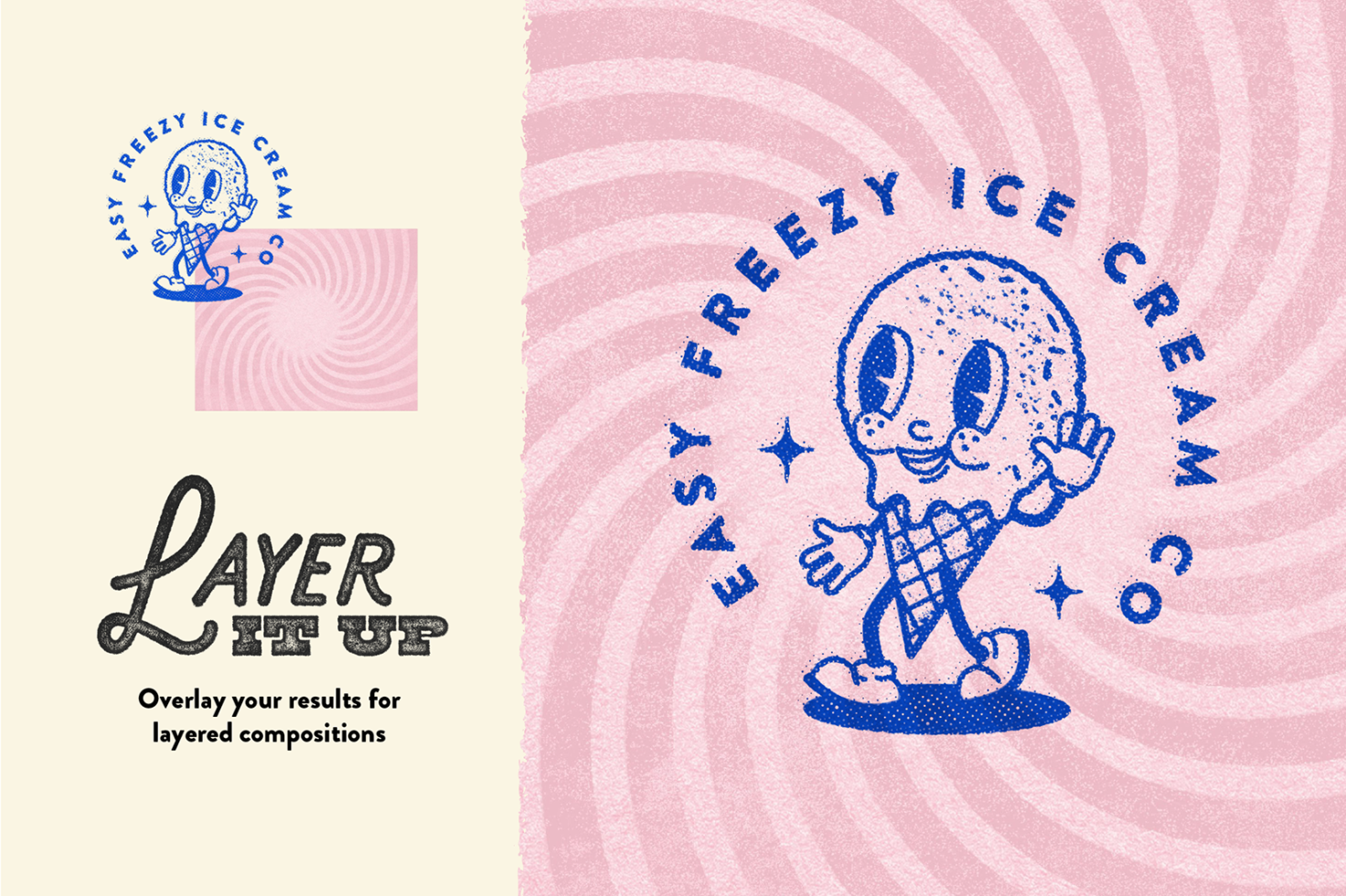 Creative retro ice cream character design and textured typography for design mockups, showcasing vintage graphics style, perfect for branding.